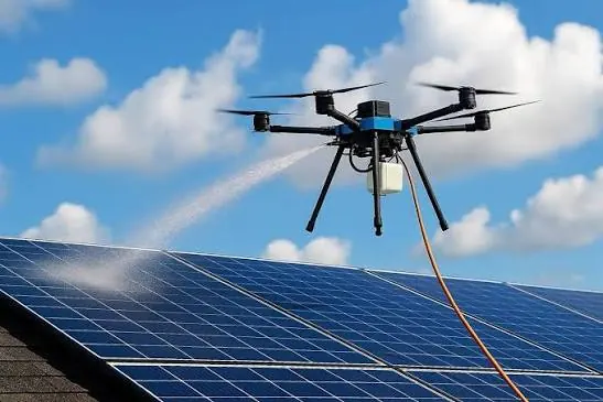 A drone washing solar panels